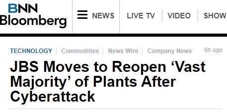 美媒 遭黑客攻擊的肉類加工商jbs停業(yè)工廠或將于6月2日恢復生產